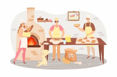 Fırın ürünleri konsepti vektör illüstrasyonu. Fırında hamur yoğuranlar. Fırın ürünleri, ekmek ve pasta. Fırın.