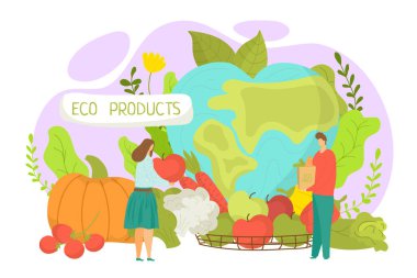 Eko gıda kavramı, sağlıklı organik doğal sebzeler ve taze pazar, ekoloji, vektör illüstrasyonu için meyveler. Vejetaryen ekolojik beslenme.