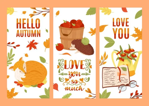 Herbstkarten-Set, Herbstblätter und -blumen, Vektorillustration. Vintage-Karten mit niedlichen Fuchs, Igel und Text Hallo Herbst, liebe dich. — Stockvektor