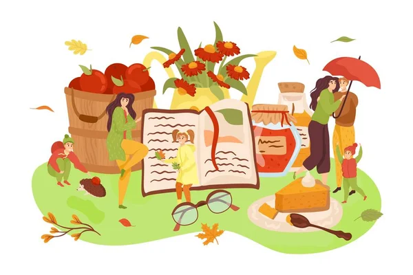 Set illustrazione vettoriale autunno, stagione autunnale, composizione. Passeggiate in famiglia nel parco autunnale con ombrelloni, raccolta e caduta fiori, foglie. — Vettoriale Stock