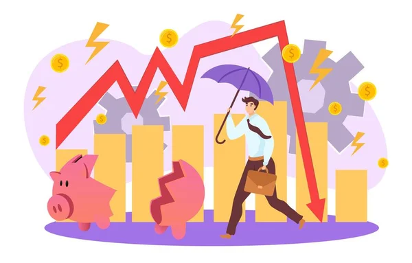 Affärsproblem, finansiell minskning diagram vektor illustration. Affärsman lämna ner vinst affärsplan. Finansiell aktiehandel. — Stock vektor