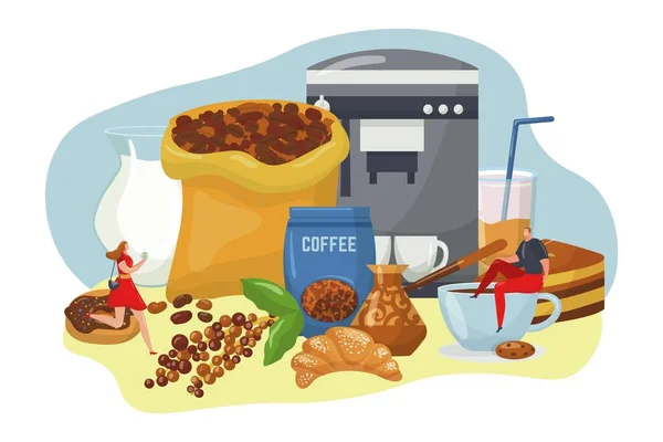 Concept de café pour la conception de cafés, illustration vectorielle. Sac de grains de café, cafetière, tasse d'expresso chaud. Petit déjeuner au restaurant. — Image vectorielle