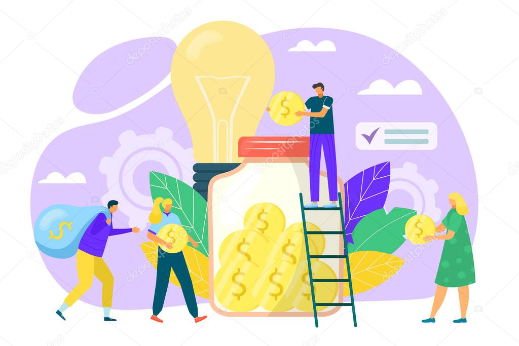 Crowdfunding concept in flat style, new business model money investment, vector illustration. Funding project by raising monetary contributions.