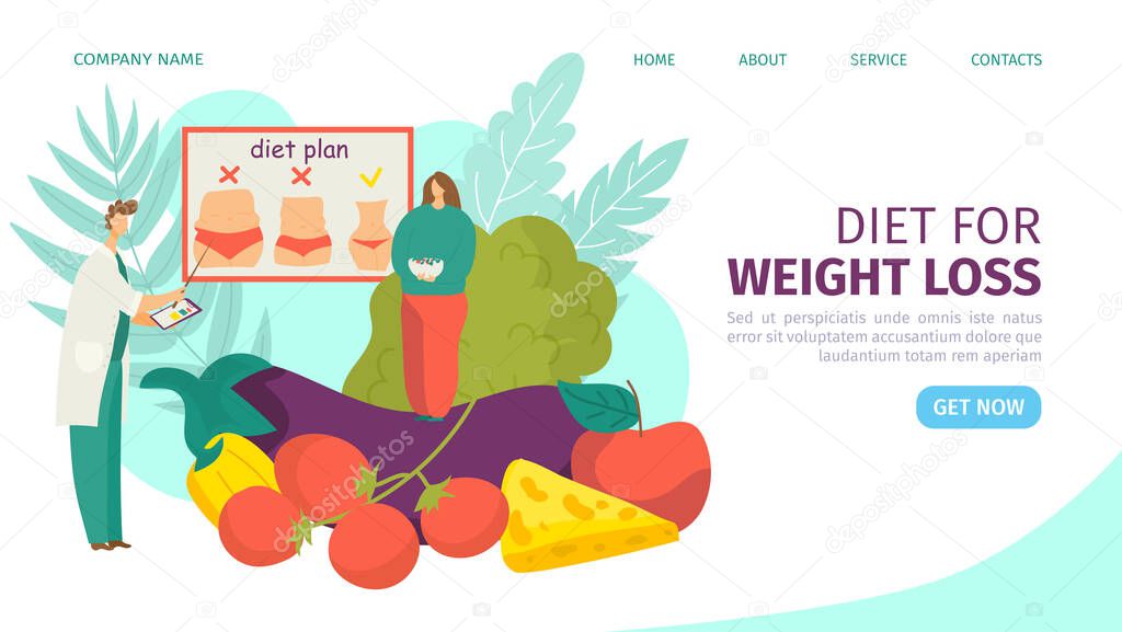 Diet and weight loss landing page vector illustration. Nutritionist and diet plan with vegetables, fruit and fat woman. Nutrition diet.