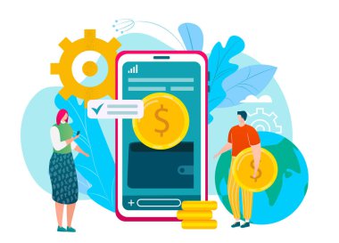 Akıllı telefon ekranında mobil cüzdan konsepti, e-ticaret ödemesi, akıllı ödeme, iş ve teknoloji konsepti vektör ilülasyonu.