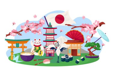 Japon seyahat konsepti, geleneksel Japon sembolleri vektör illüstrasyonu. Seyahat yerleri ve işaretler. Sakura, Asyalı mimari..