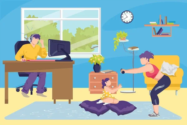 Famiglia a casa insieme concetto illustrazione vettoriale. Uomo che lavora a casa con computer, madre e figlia facendo esercizi e sport. — Vettoriale Stock