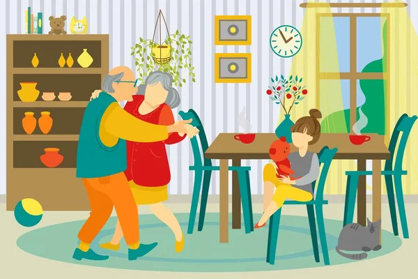 Familia en casa junto ilustración vectorial. Abuela y abuelo bailando, nieta jugando en el salón. — Vector de stock