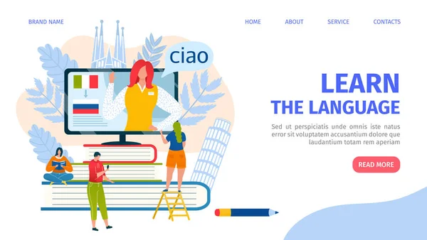 Learn language landing web page design template for distance education, online courses, e-learning, tutorial vector illustration.