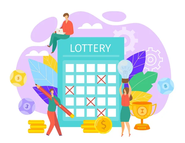 Loterie koncept vektorové ilustrace. Lidé vyplňují los bingo lotto nebo kupón s tužkou. Vyhrajte štěstí, šťastný lístek. — Stockový vektor