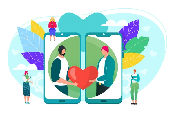 Online dejting koncept, socialt nätverk för kärlek vektor illustration. Man och kvinna i app-ikoner på mobilen visar med hjärta. — Stock vektor