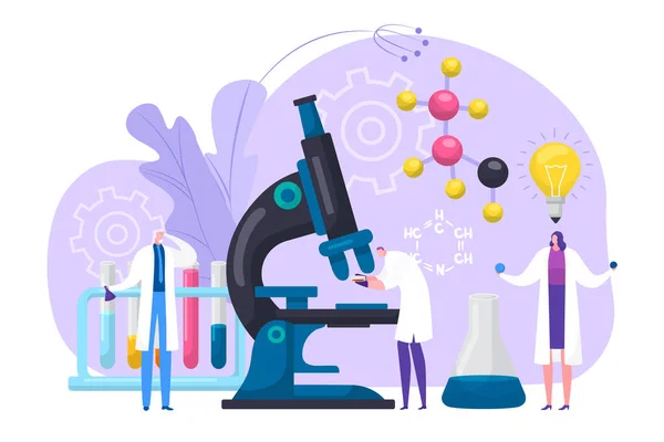 Vědci výzkum v chemické nebo lékařské laboratoři koncepce, vektorové ilustrace. Věda, chemie, biologie, farmacie a vědec. — Stockový vektor