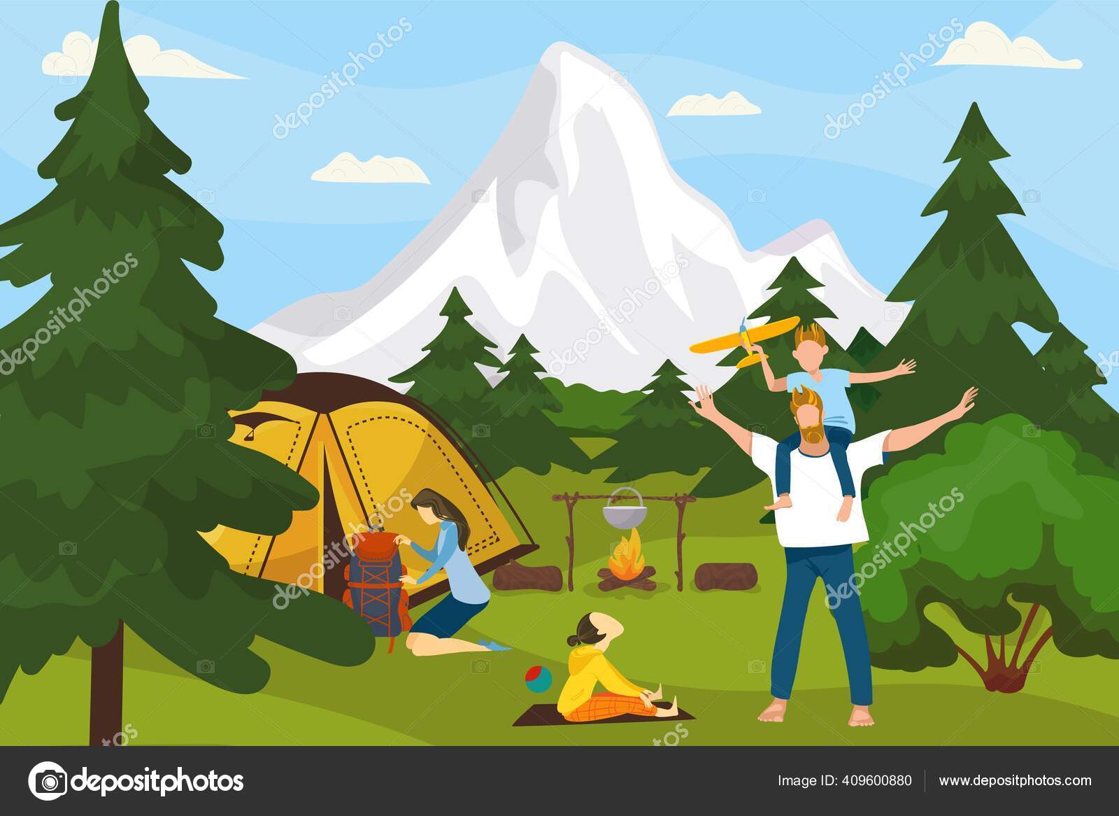 Summer camp on nature, in forest, vacation with tent, adventure vector illustration. Family camping and cooking in campfire. Stock Vector Image by © #409600880 Summer camp on nature, in forest, vacation with tent, adventure vector illustration. Family camping and cooking in campfire. Stock Vector Image by © #409600880