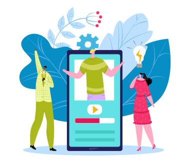 Video dersi konsepti, vektör illüstrasyonu. Dinstance, webinar, online konferans, dersler ve internet eğitimi hakkında eğitim.