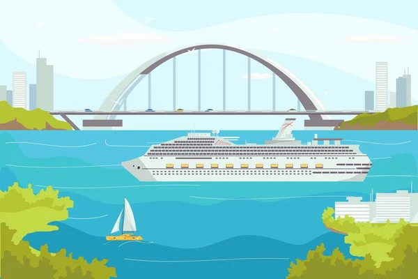 Sjötransport, lyxkryssningsfartyg liner i havet vatten vektor illustration. Båtar och yacht, sjötransport för nautiska resor. — Stock vektor