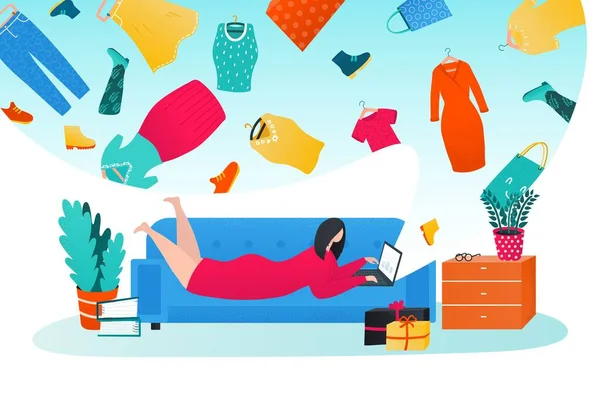 Shopping en ligne dans l'illustration vectorielle Internet. Femme pense à acheter par Internet couché sur le canapé avec ordinateur portable. — Image vectorielle