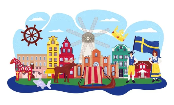 Стокгольм Швеция карикатурная иллюстрация вектора путешествия. Здания, достопримечательности и символы. Старый город Гамлы, сувениры, флаг и швед. — стоковый вектор