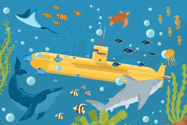 Barco submarino amarillo con peces en el océano, mar, con diseño plano periscopio, ilustración vectorial. Tema marino. — Vector de stock