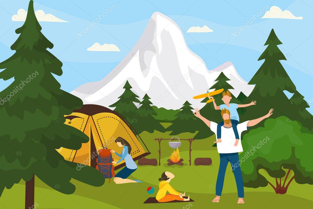 Summer camp on nature, in forest, vacation with tent, adventure vector illustration. Family camping and cooking in campfire.