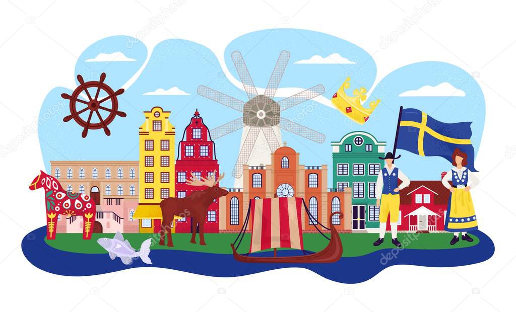 Stockholm Sweden cartoon travel vector illustration. Buildings, landmarks and symbols. Gamla stan old city, souvenirs, flag and swede.