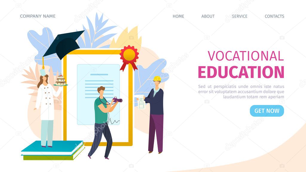 Vocational education training concept of learning, landing page, vector illustration. Business training and advanced training.