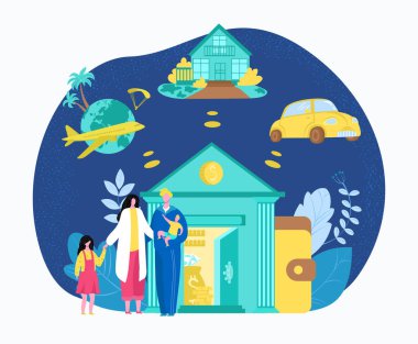 Aile kredisi, tasarruf ve çocuk vektör illüstrasyonlu aileler için banka kredisi. Aile sigortası kredisi.