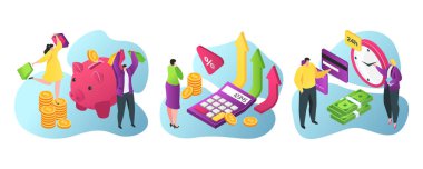 İş ve finans için banka hizmetleri düz vektör illüstrasyonu. Piggy banka birikimleri, krediler ve yatırımlar, mali danışman, kasiyerler.