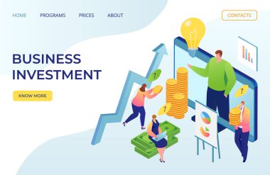 İş yatırımları ve finans sayfası, vektör illüstrasyonu. Yatırım çizelgelerini analiz eden bir iş adamı. Muhasebe.