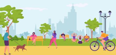 Şehir parkındaki insanlar, yürüyorlar, bisiklete biniyorlar, bankta oturuyorlar, yoga vektör çizimleri yapıyorlar. Şehir manzarası ve vatandaşlar eğleniyor.