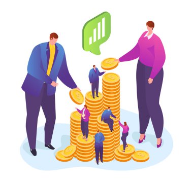 Finansal destek, iş adamı insana altın sikkeler vektör illüstrasyonu veriyor. Para alıyordum. Para elden ele aktarımı.