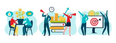 Paralı iş adamları, konsept finansmanı, vektör çizimleri. Strateji, planlama, piyasa araştırması, finans ve yatırım.