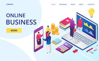 İnternette internet işi, dijital ofis web sayfası, iniş sayfası illüstrasyonu. Çevrimiçi iletişim kuran iş adamıyla ticaret.