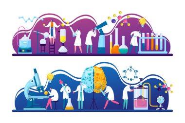 Bilim insanları kimya, biyoloji ya da tıp vektörü illüstrasyonunda araştırmalar keşfettiler. Labaratuvarı araştıran beyin bilimi. Bilimsel araştırma laboratuarı yeniliği.