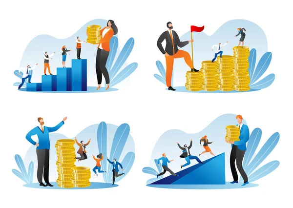 Financial support, money investment set of isolated on white vector illustration. Businessman gives people gold coins financing. — Stock Vector