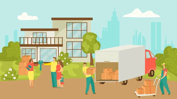 Persone che si muovono casa vettoriale illustrazione di felice famiglia trasloco casa e prendere scatole in camion. Nuovo trasferimento di casa. Sposta servizio. — Vettoriale Stock