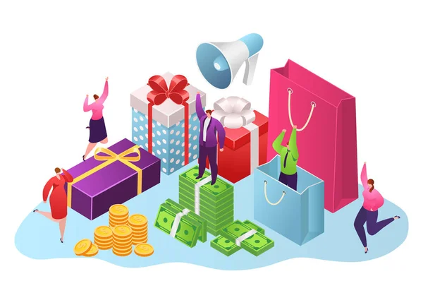 Beloning, geschenken dozen en geld concept, vector illustratie geïsoleerd op wit. Munten en dollars bankbiljetten geld voor nu. — Stockvector