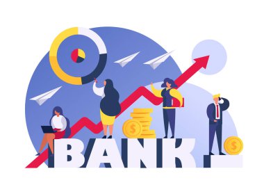 Bankacılar yatırım yapıyor, finans ve ekonomi konsepti düz vektör çizimi. Banka çizelgeleri ve zenginliğiyle büyüyen bir işadamı..
