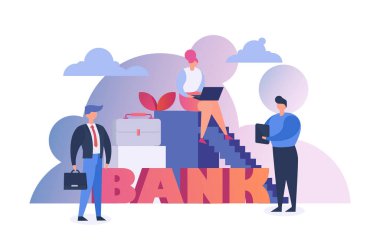 Bankacılar para, finans ve ekonomi konsepti düz vektör illüstrasyonu yapıyor. Büyük verilerin oluşturduğu finansal para grafiklerini analiz eden bir işadamı.
