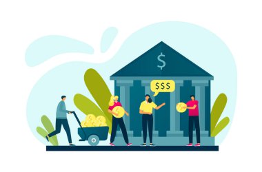 Bankacılar nakit para yatırıyor, banka ve düz vektör çizimlerini finanse ediyor. Finansal işlemler, bankacılık işi, zenginlik.