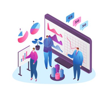 Finansal analitik ve muhasebe konsepti vektör çizimi. Organizasyon süreci, araştırma, bütçe planlaması, rapor, pazar analizi.