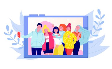 Arkadaşlar fotoğraf çekiyor, bir grup mutlu genç insan vektör illüstrasyonunun özçekim fotoğrafı. Kızlar ve oğlanlar fotoğraf çekiyor..