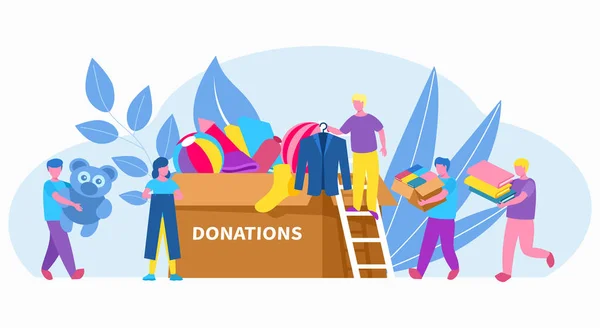 People volunteer with box of clothing donation, charity, social help in community vector illustration. Volunteering, assistance. — Stock Vector