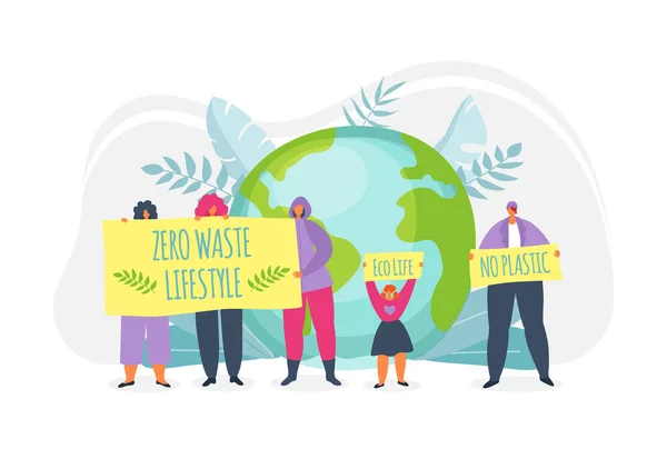 Eco vita sul pianeta verde, ecologia, illustrazione vettoriale dell'ambiente. Giornata della Terra. Persone che tengono cartelli con zero rifiuti, senza plastica. — Vettoriale Stock
