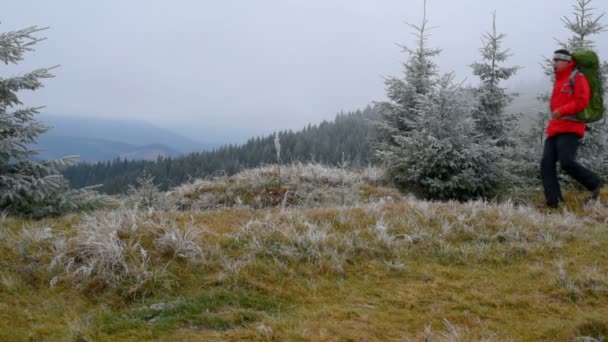 Dağcı Yürüyen Adam Erkek Hiking Soğuk Kış Dağlarda Kışın Sisli — Stok video