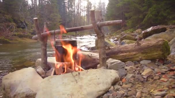 Cozinhar comida em panela sobre fogueira — Vídeo de Stock