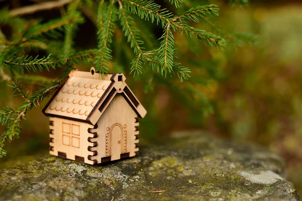 Modelo de casa de madeira na floresta. conceito — Fotografia de Stock