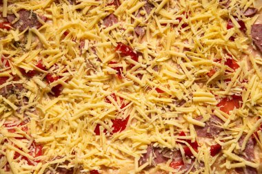 Pizza arka plan - makro lezzetli İtalyan pizza vurdu.