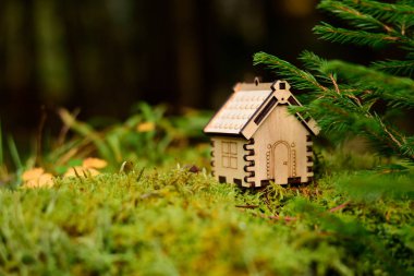 Ahşap ev modeli ormanın içinde. kavramı