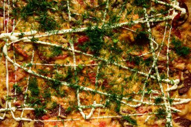 Pizza arka plan - makro lezzetli İtalyan pizza vurdu.