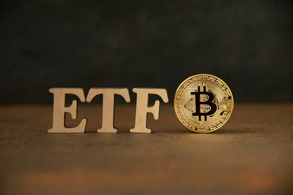 Taş arka plan üzerinde Etf metin ile Bitcoin sikke
